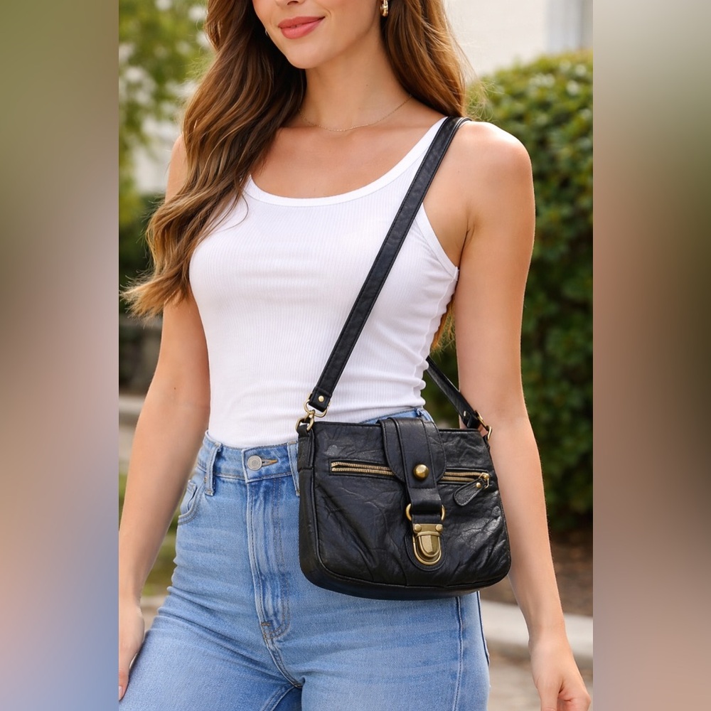 Brash Black Faux Leather Crossbody Bag Gold Hardware Zip Pocket Shoulder Purse